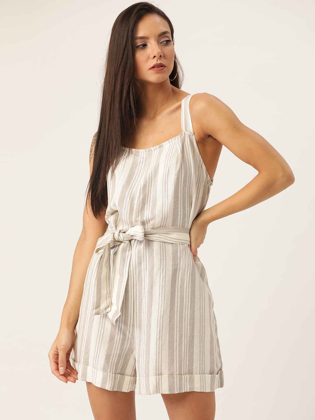 

MANGO Women White & Grey Striped Playsuit With Belt