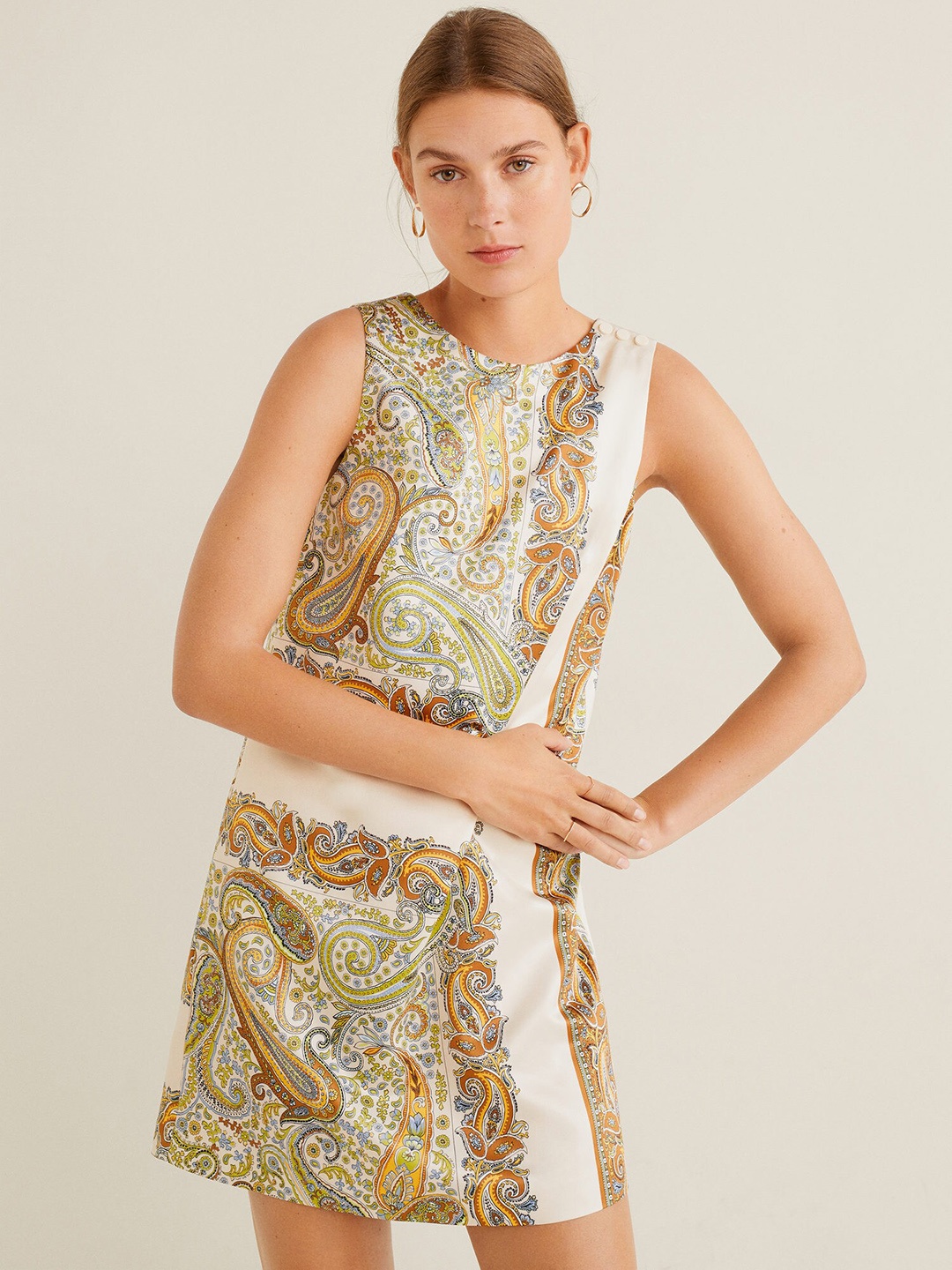 

MANGO Women Cream-Coloured & Green Printed A-Line Dress