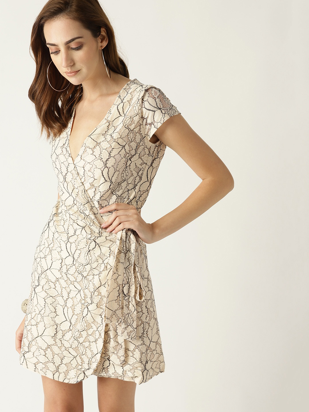 

MANGO Women Beige & Black Lace Wrap Dress