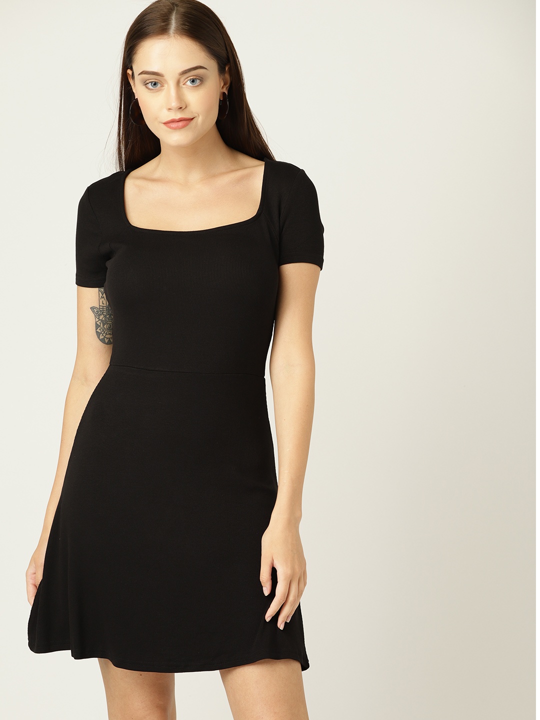 

MANGO Women Black Self-Striped A-Line Dress