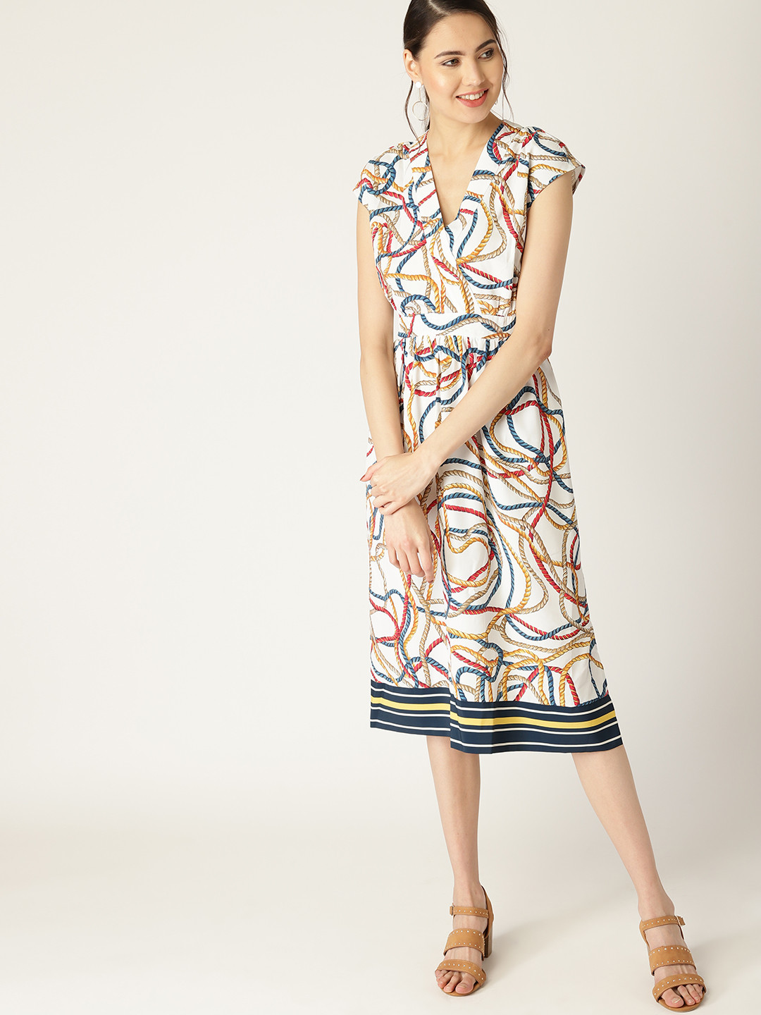 

MANGO Women White & Yellow Printed Wrap Dress