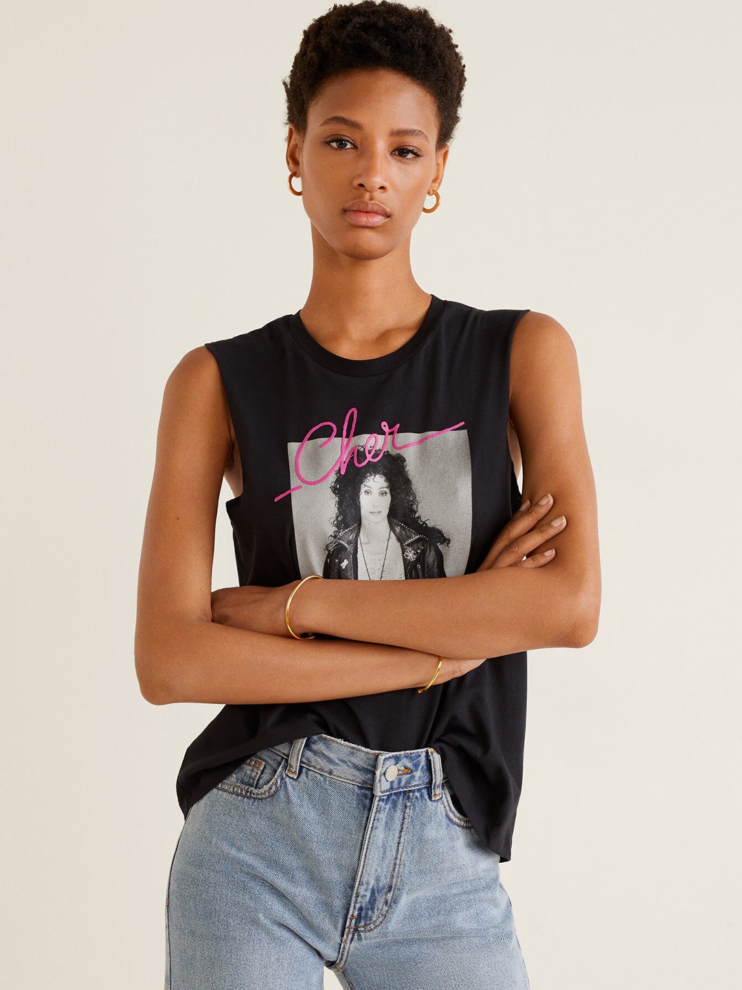 

MANGO Women Black & Grey Printed Round Neck T-shirt
