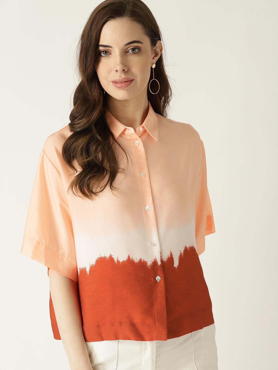 

MANGO Women Peach-Coloured Boxy Dyed Casual Shirt