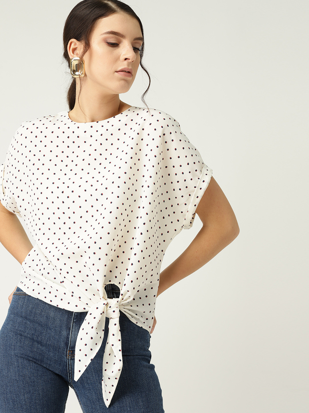 

MANGO Women Off-White & Navy Blue Printed Top