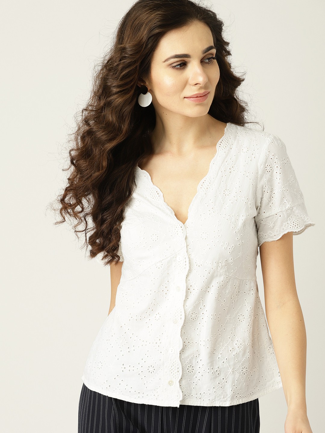 

MANGO Women Off-White Schiffli Embroidered Shirt Style Pure Cotton Top