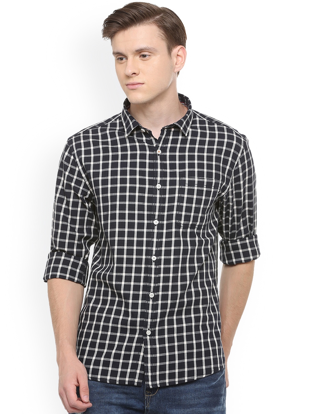 

People Men Navy Blue Regular Fit Checked Casual Shirt