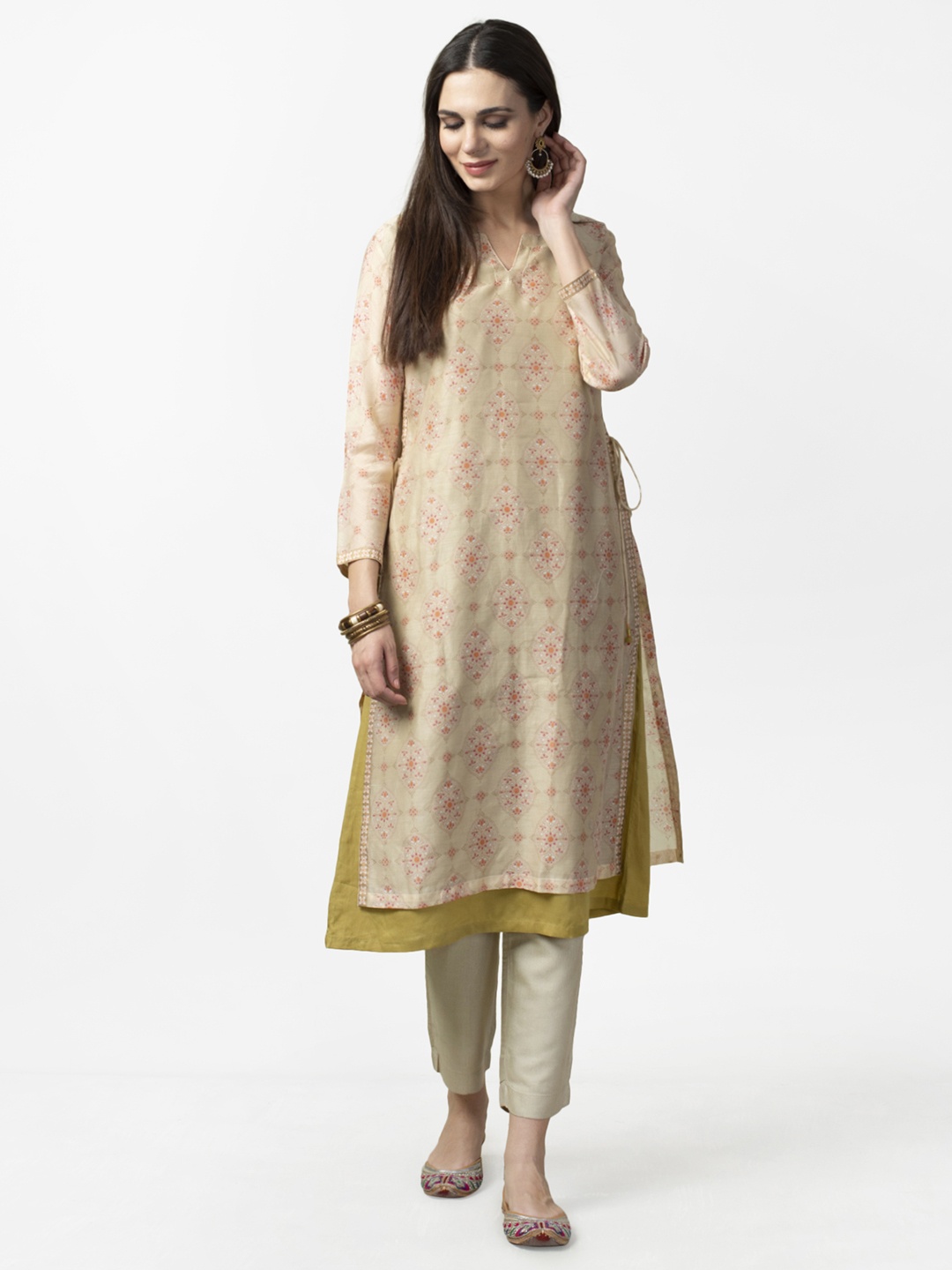 

Fabindia Women Beige & Pink Printed Layered Straight Kurta