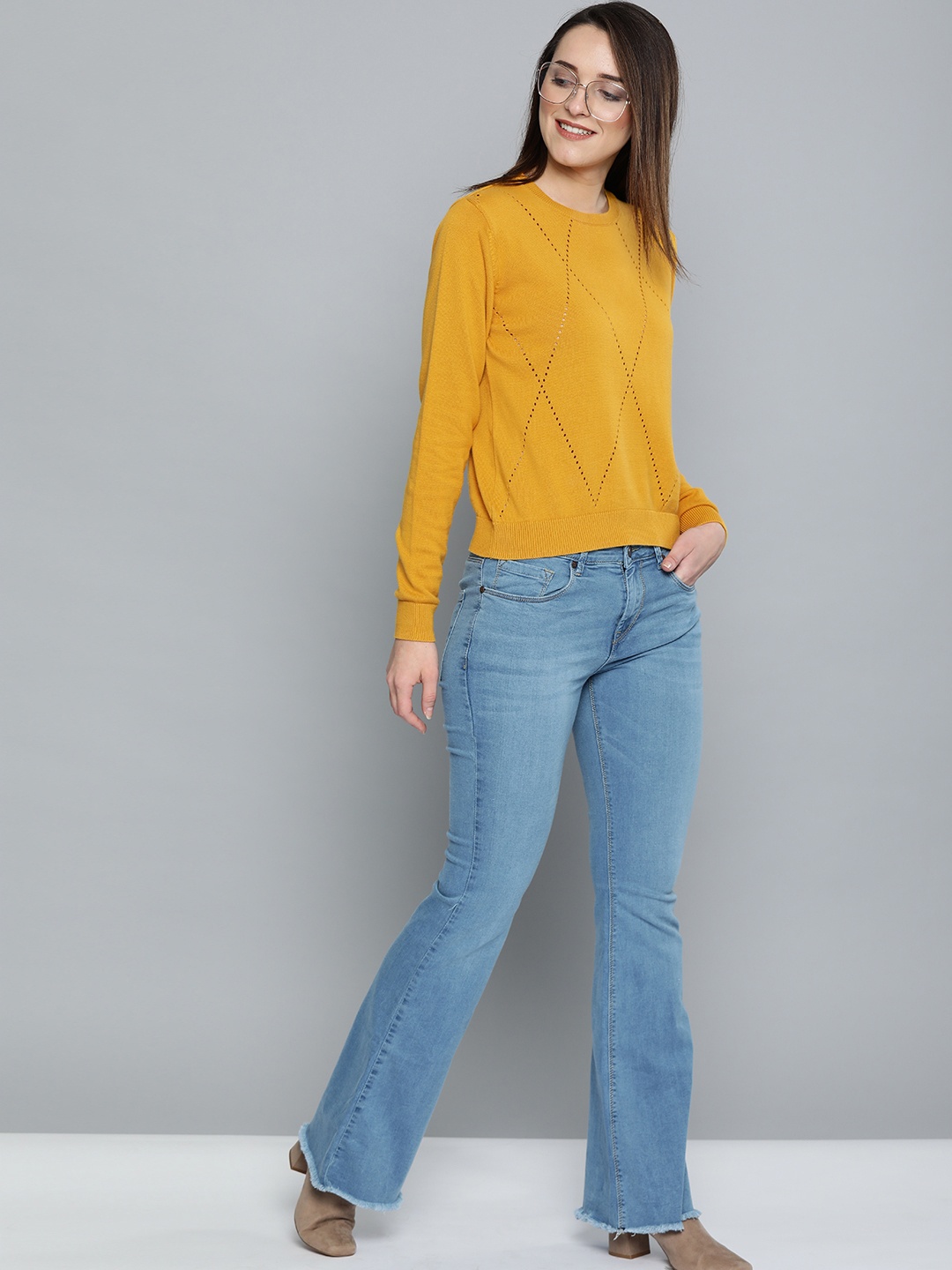 

Mast & Harbour Women Mustard Yellow Self Design Sweater