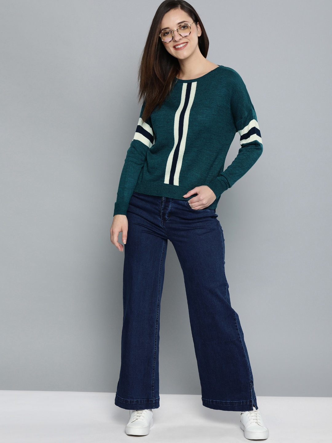 

Mast & Harbour Women Teal Green Self Design Sweater