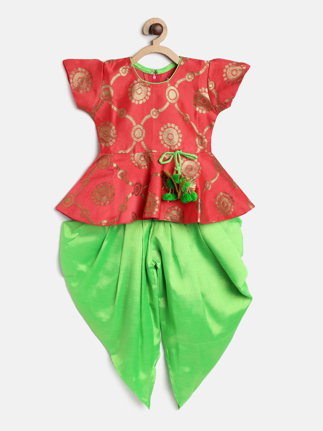 

BownBee Girls Pink & Green Self Design Kurti with Dhoti Pants