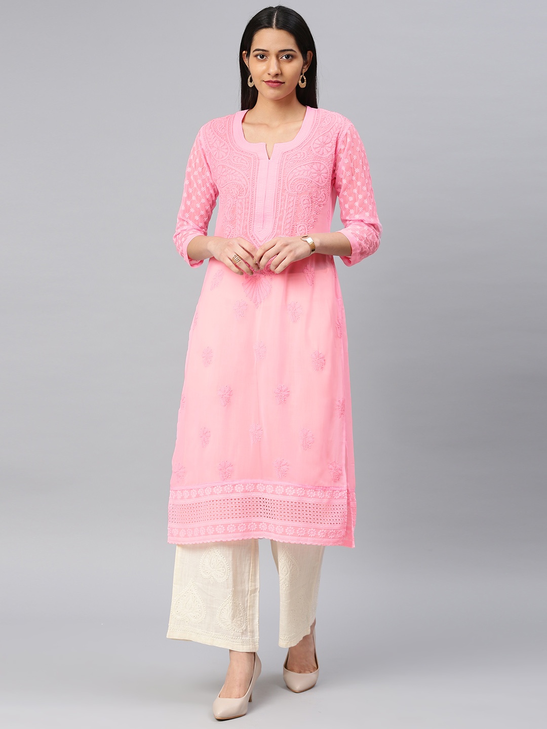 

Saadgi Women Pink Chikankari Embroidered Handloom Straight Kurta