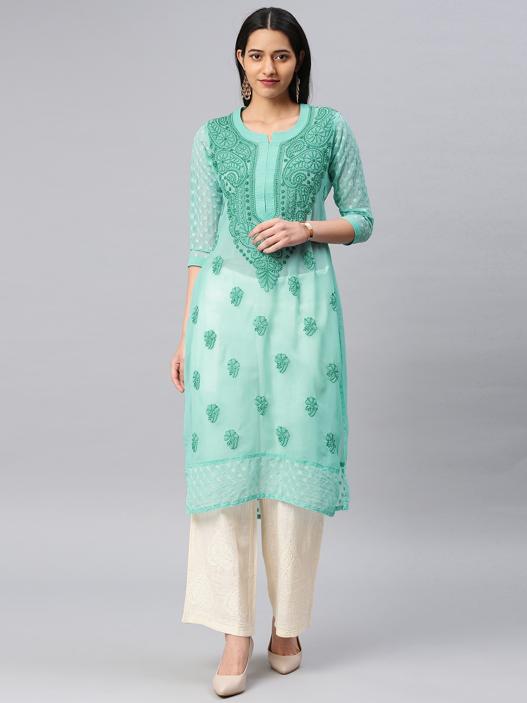 

Saadgi Women Turquoise Blue Chikankari Embroidered Straight Kurta