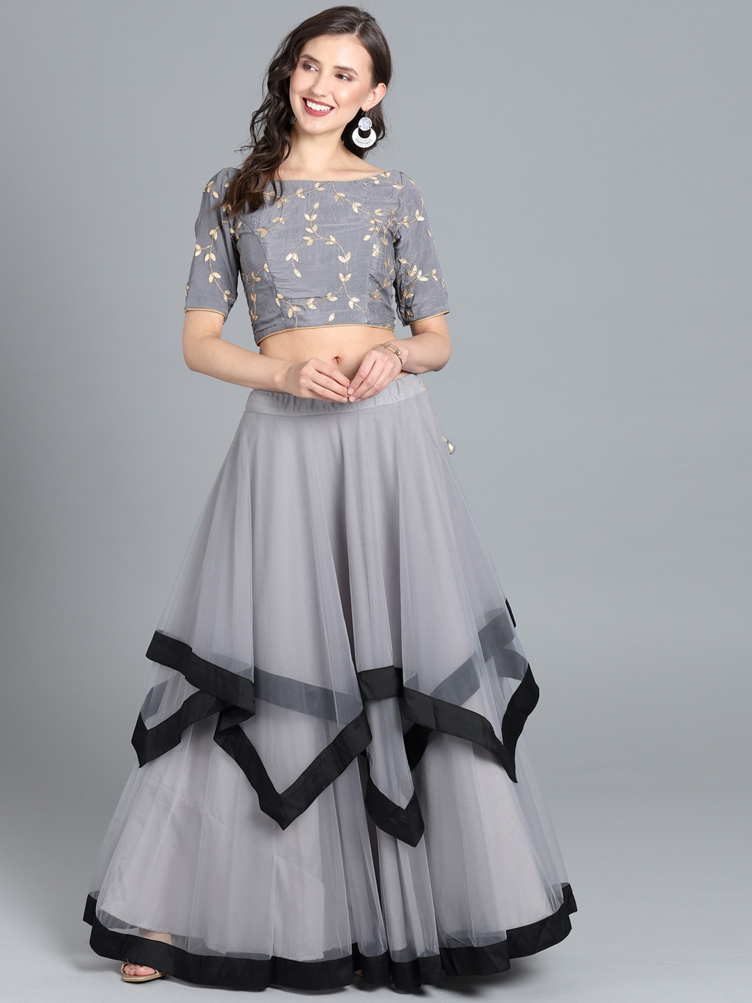 

Ethnovog Grey Net Layered Made to Measure Lehenga Choli Set