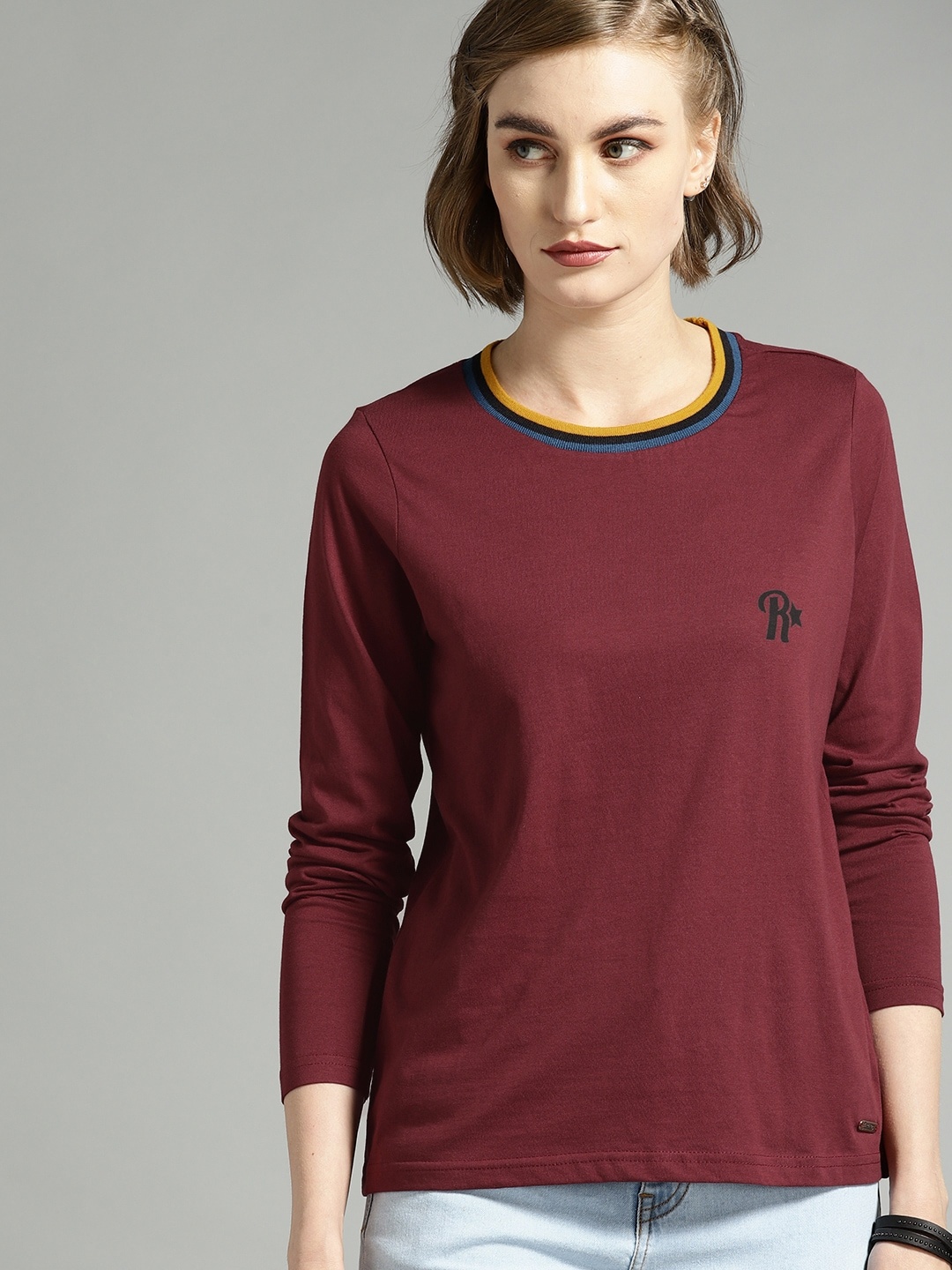 

Roadster Women Burgundy Solid Round Neck Relaxed Fit T-shirt