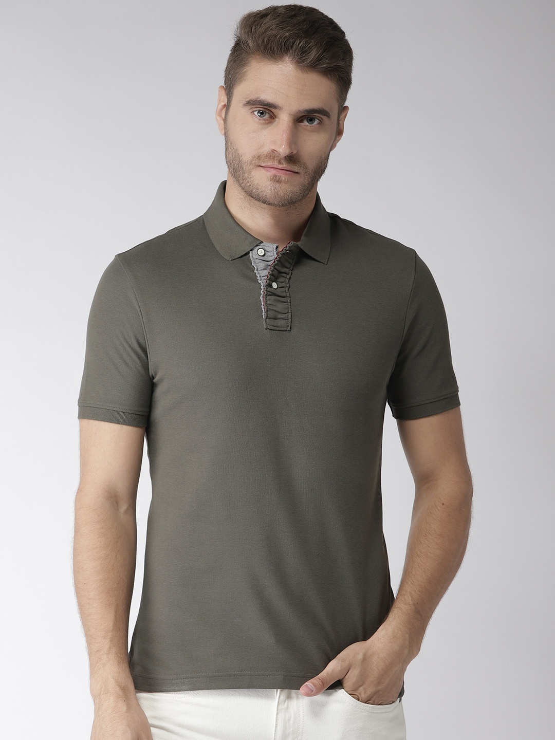 

Marks & Spencer Men Olive Green Solid Polo Collar T-shirt