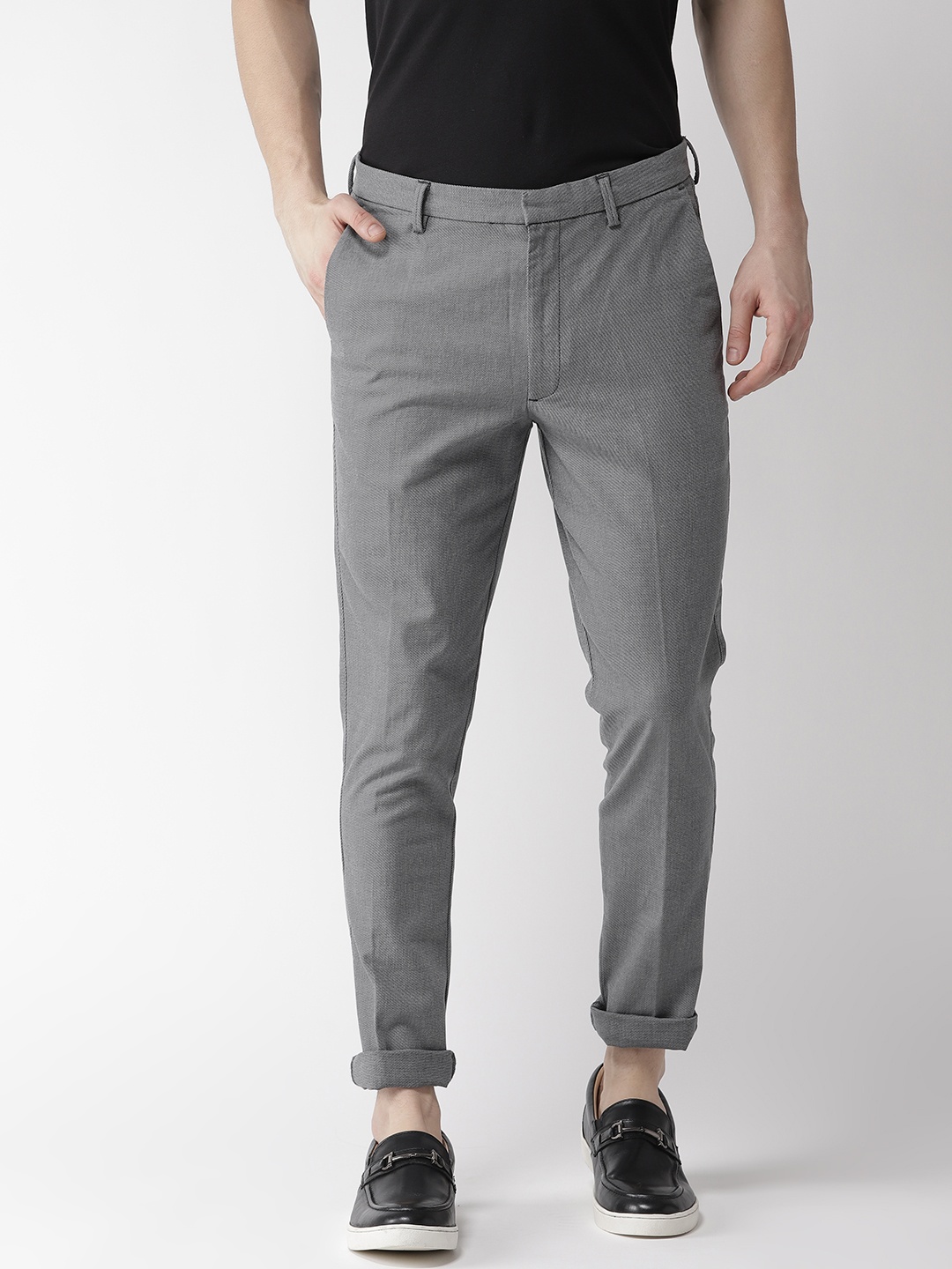 

Marks & Spencer Men Grey Slim Fit Self Design Regular Trousers