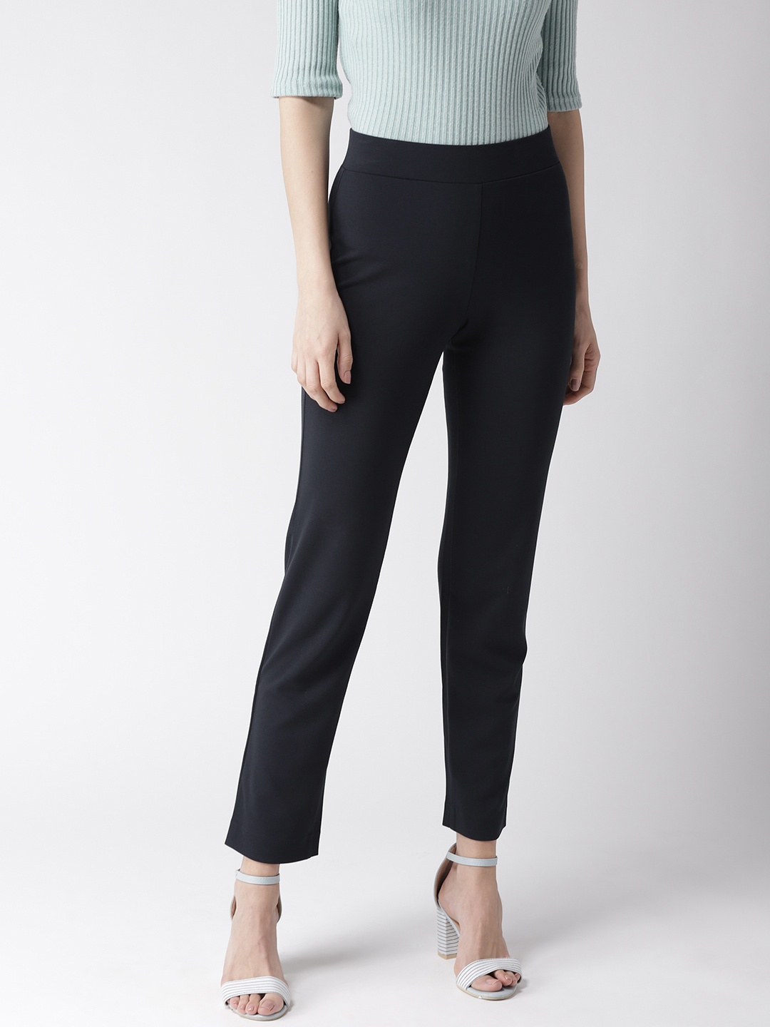 

Marks & Spencer Women Navy Blue Slim Fit Solid Regular Trousers