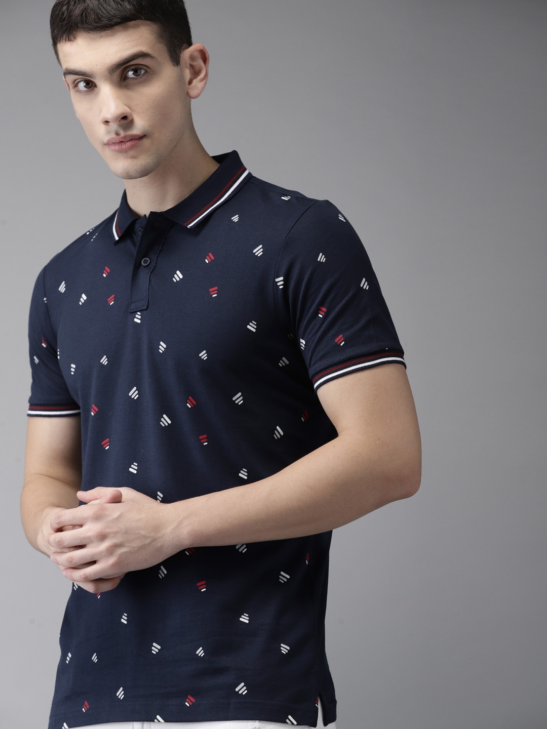 

Moda Rapido Men Navy Blue Printed Polo Collar Pure Cotton T-shirt