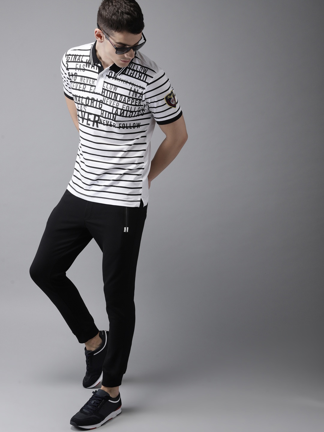 

Moda Rapido Men White Black Striped Polo Collar Pure Cotton T-shirt