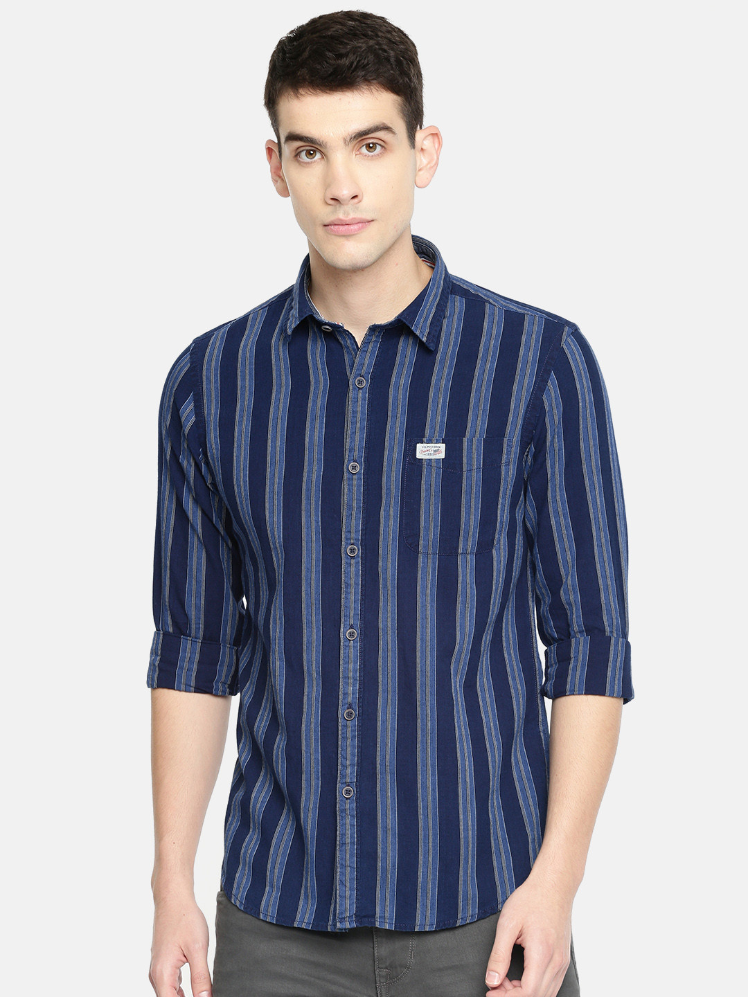

U.S. Polo Assn. Denim Co. Men Navy Blue Slim Fit Striped Casual Shirt