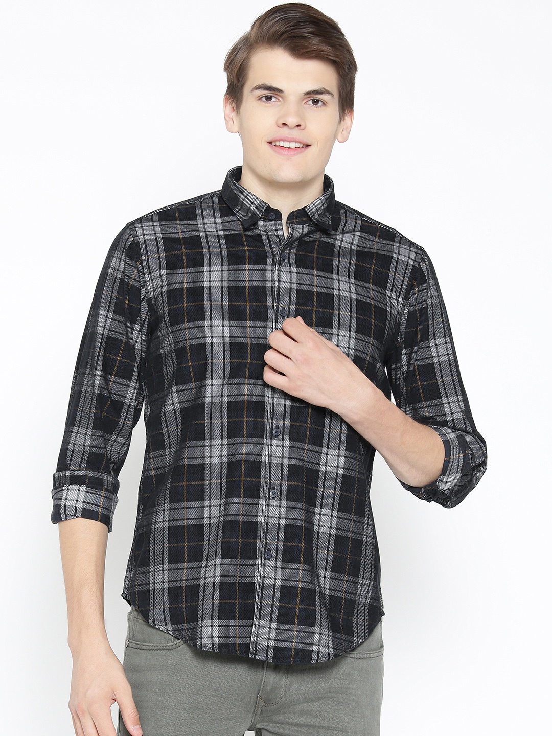 

Blackberrys Men Navy Blue & Grey Slim Fit Checked Casual Shirt