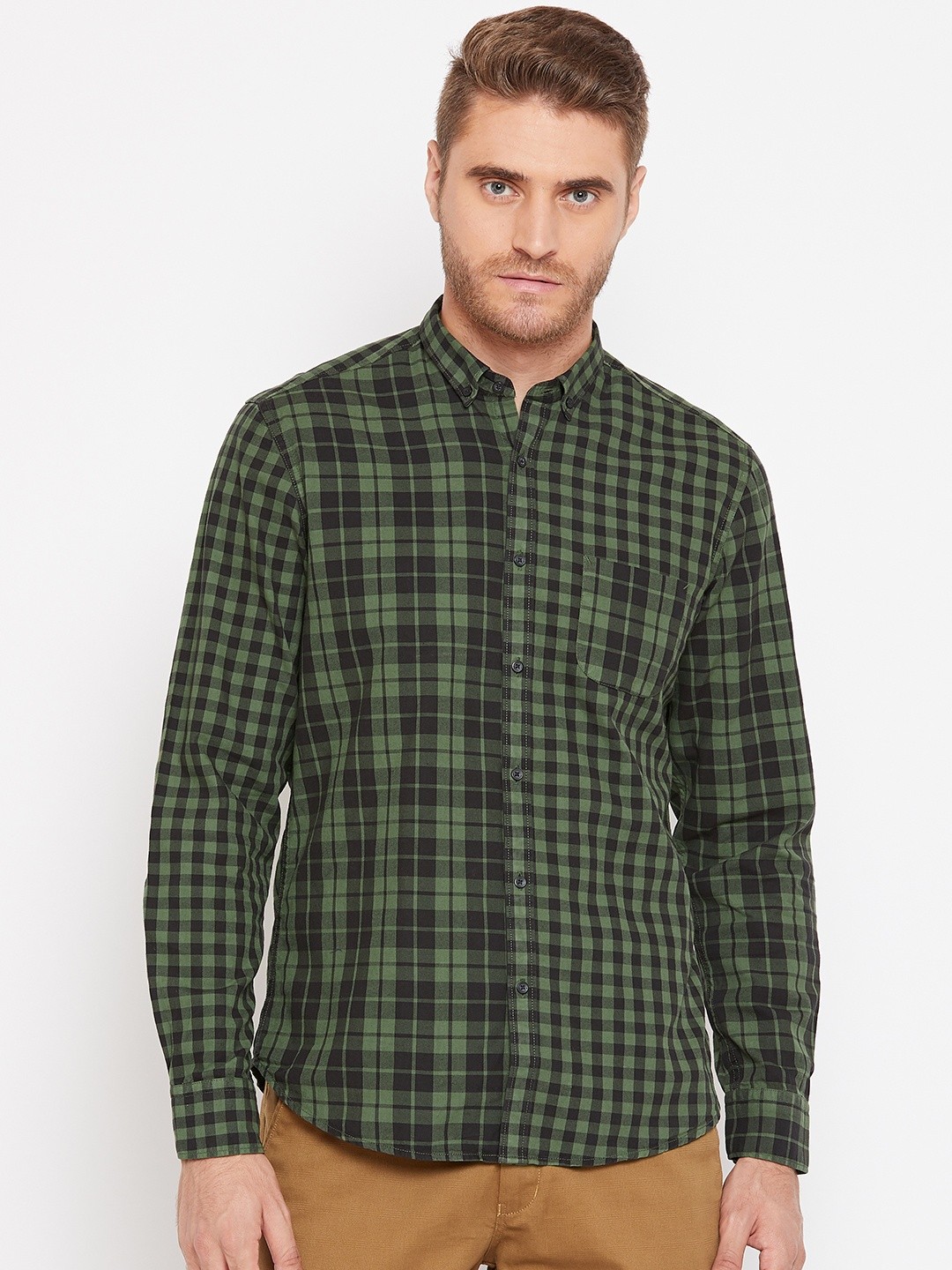 

Blackberrys Men Olive Green & Black Slim Fit Checked Casual Shirt