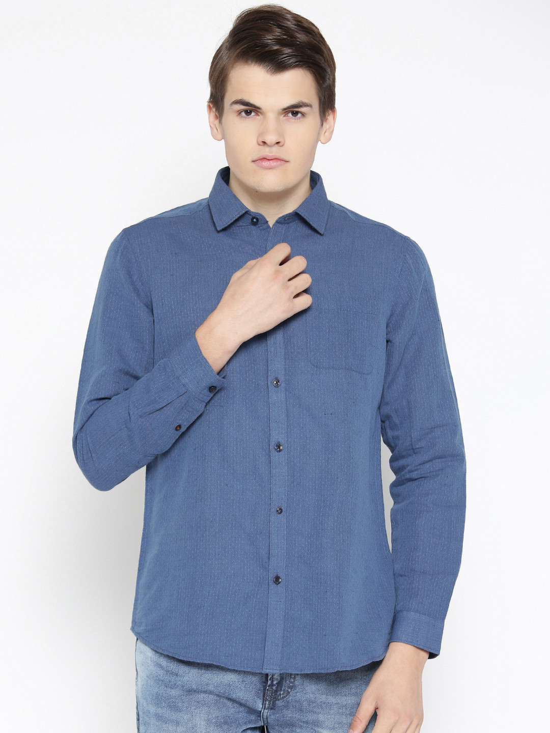 

Blackberrys Men Blue Slim Fit Self Design Smart Casual Shirt