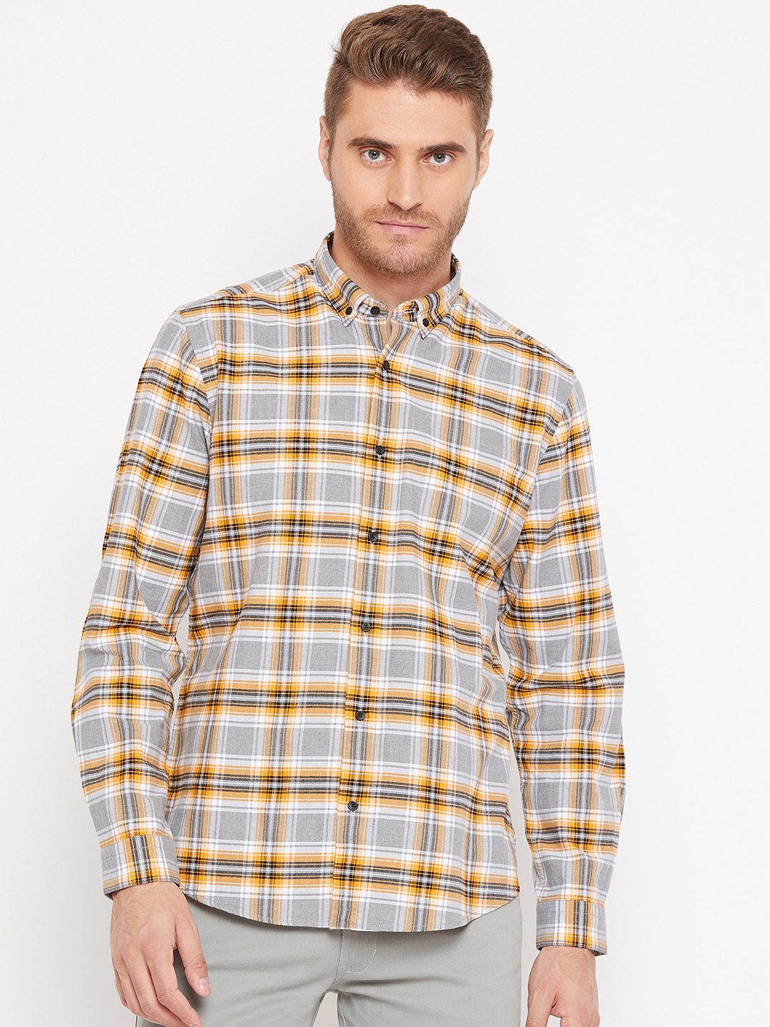 

Blackberrys Men Grey & Mustard Slim Fit Checked Casual Shirt