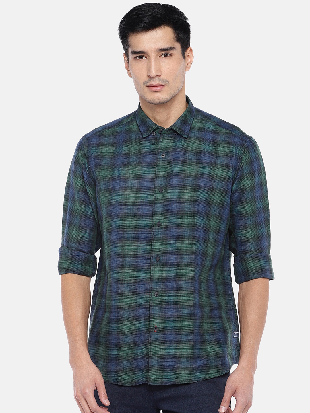 

Blackberrys Men Navy Blue & Green Slim Fit Checked Casual Shirt