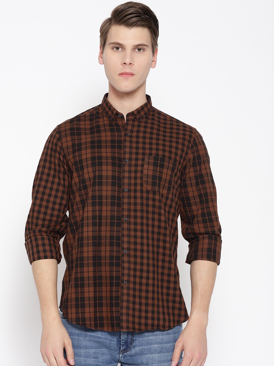 

Blackberrys Men Brown & Black Slim Fit Checked Casual Shirt
