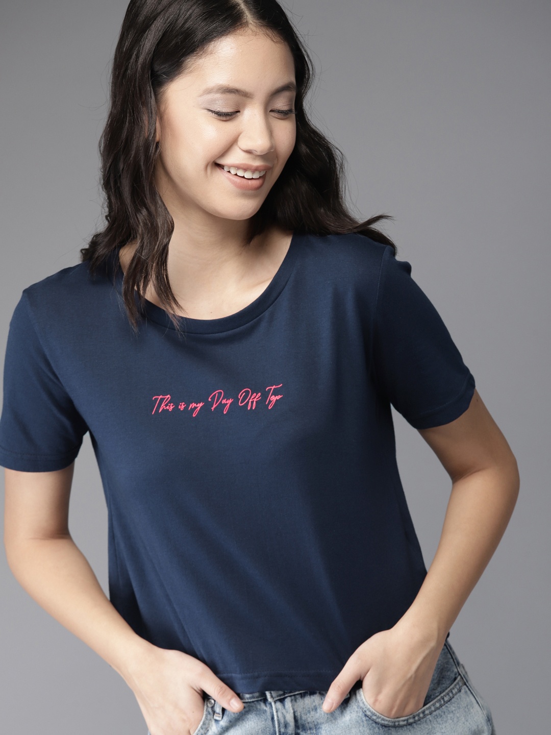 

HERENOW Women Navy Solid Boxy Fit Round Neck Pure Cotton T-shirt, Navy blue