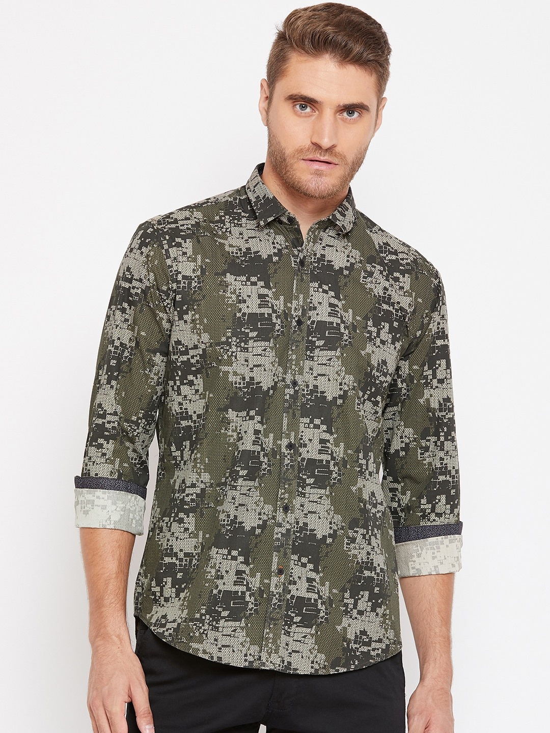 

Blackberrys Men Olive Green & Beige Slim Fit Printed Casual Shirt