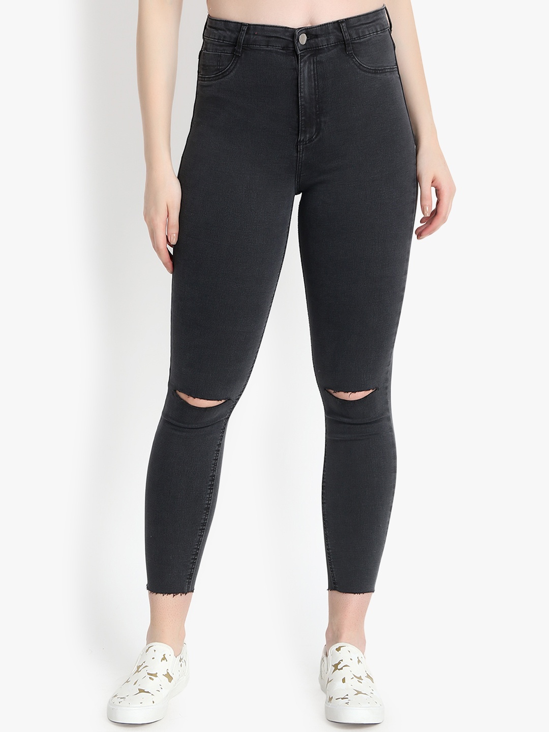 

Kotty Women Black Skinny Fit High-Rise Slash Knee Cropped Jeans