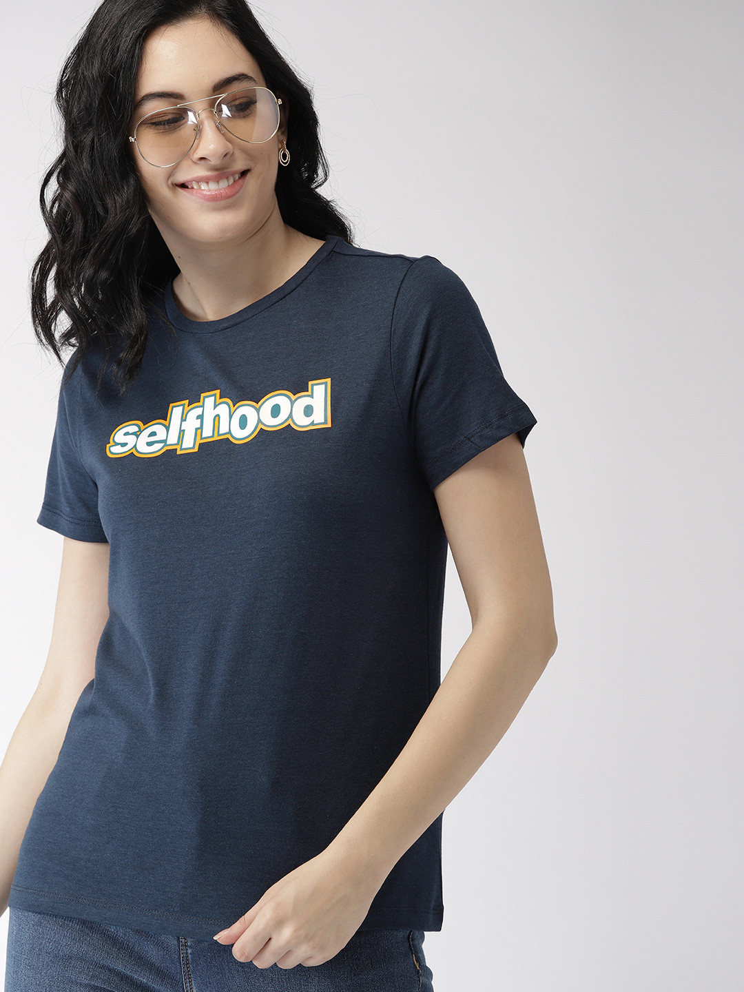 

Mast & Harbour Women Navy Printed Round Neck T-shirt, Navy blue