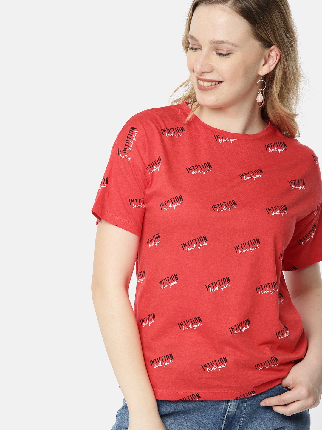 

Mast & Harbour Women Red Printed Round Neck T-shirt