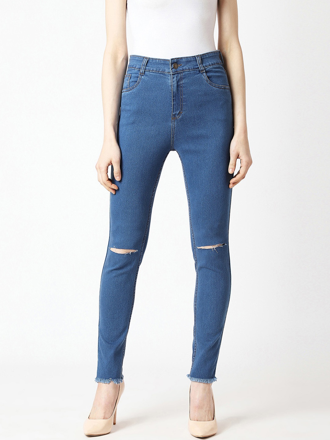 

Miss Chase Women Blue Skinny Fit High-Rise Slash Knee Jeans