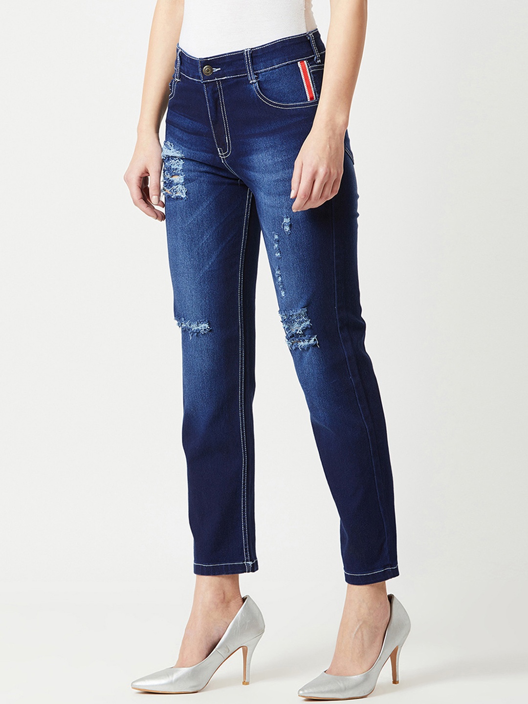 

Miss Chase Women Blue Slim Fit High-Rise Mildly Distressed Jeans