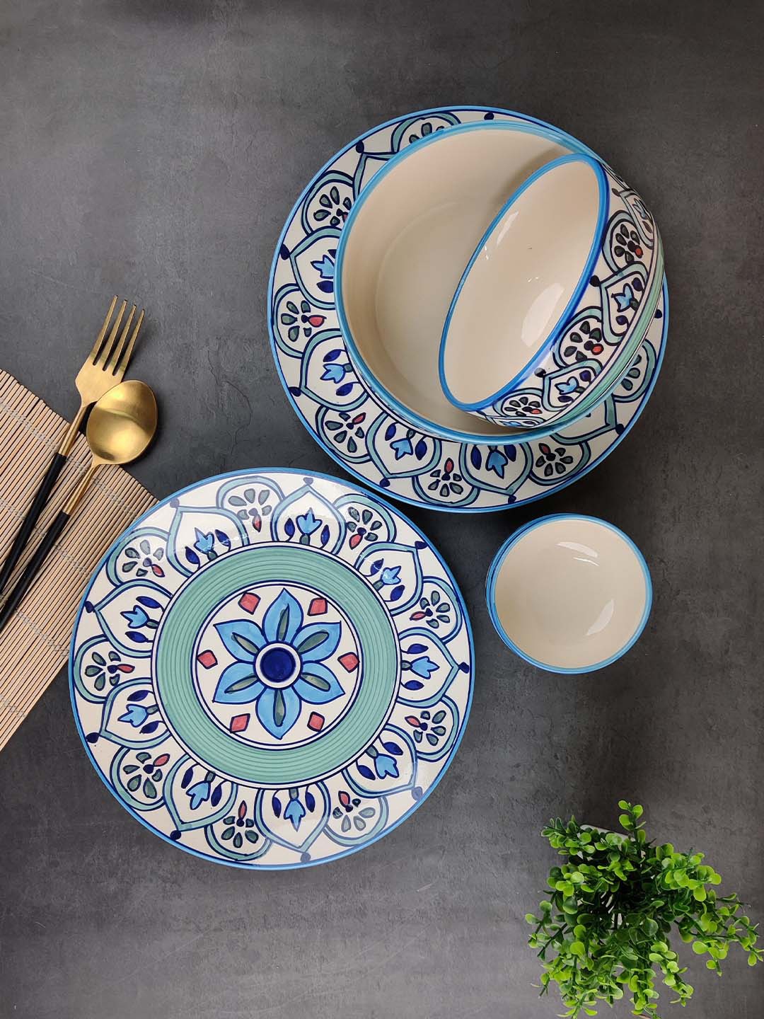 

VarEesha Set of 10 Off-White & Blue Printed Ceramic Dinner Plates & Bowls