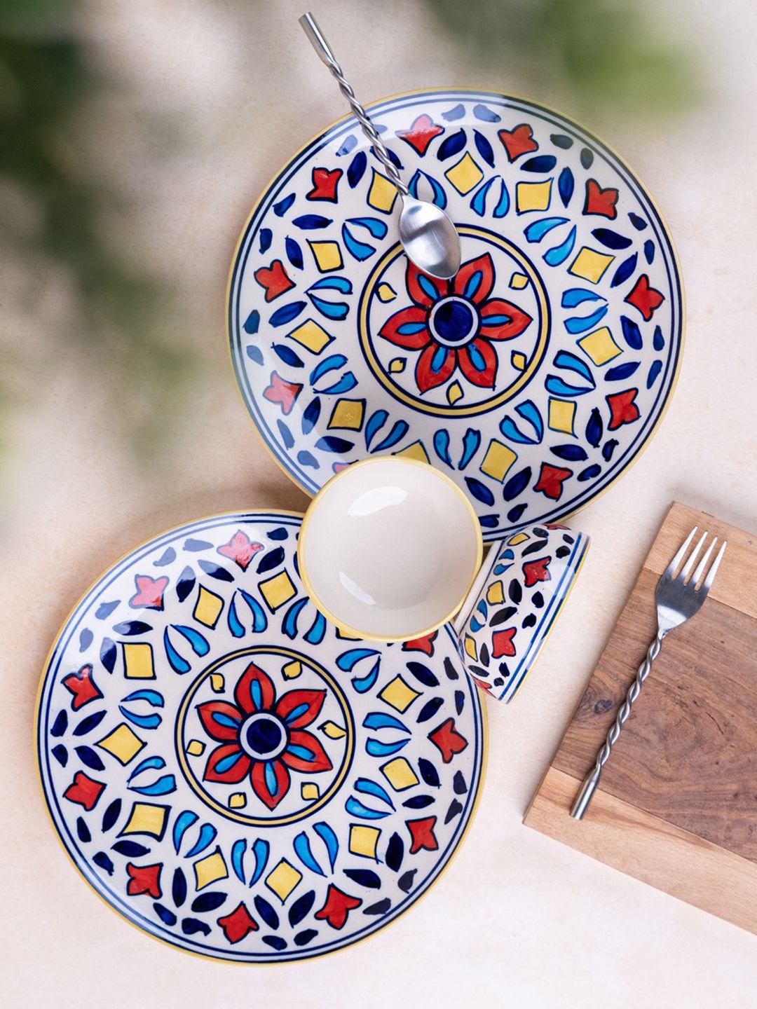 

VarEesha Set of 4 Multicoloured Printed Ceramic Dinner Plates & Bowls, Multi