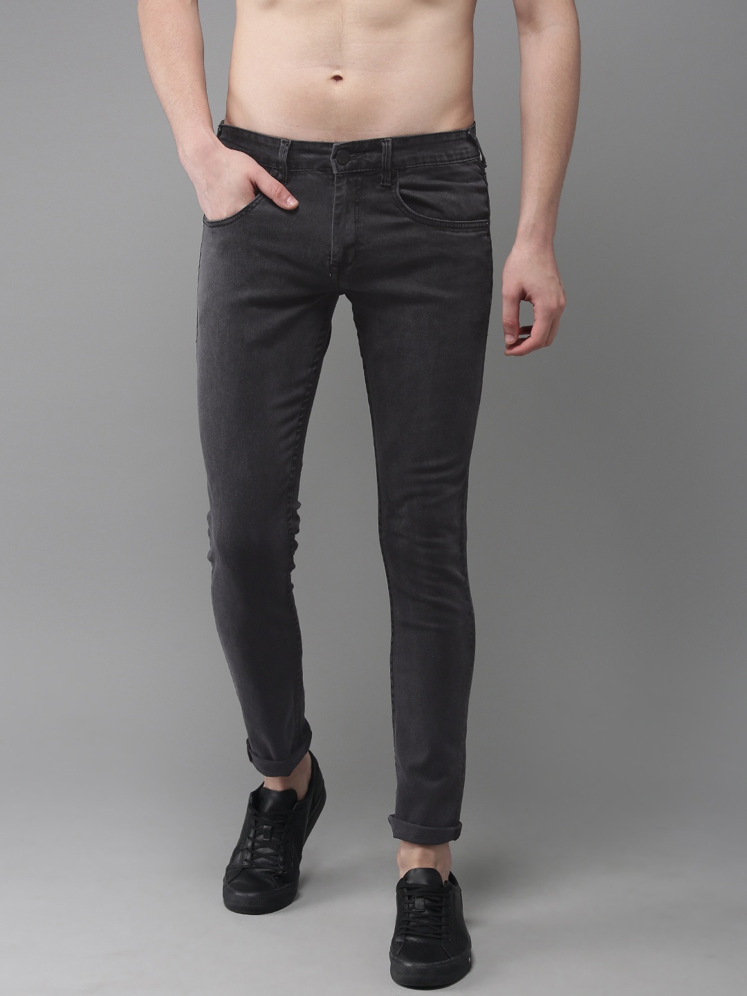 

HERE&NOW Men Charcoal Grey Skinny Fit Mid-Rise Clean Look Stretchable Jeans