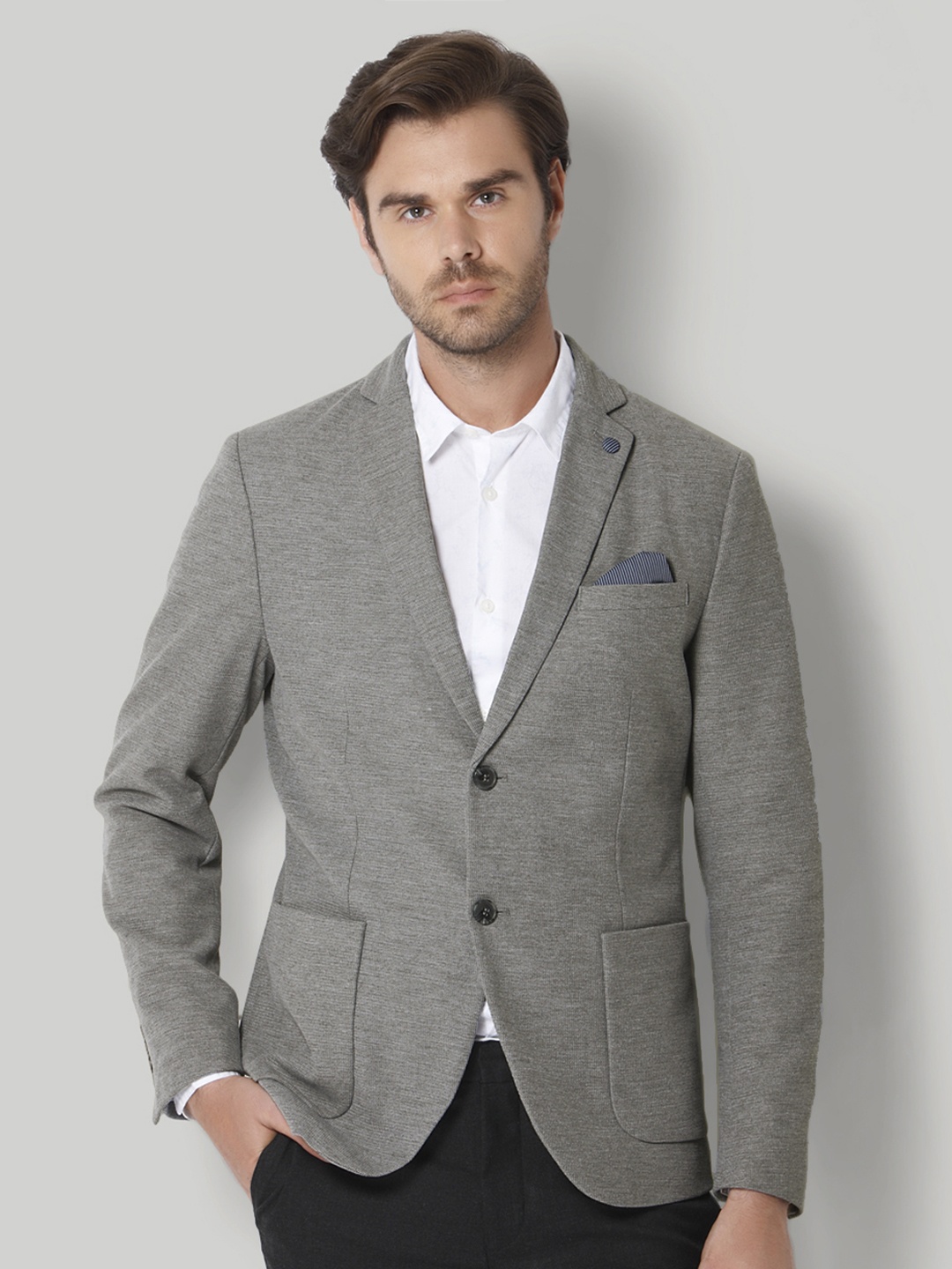 

SELECTED Men Grey Melange Solid Slim Fit Single-Breasted Casual Blazer, Khaki