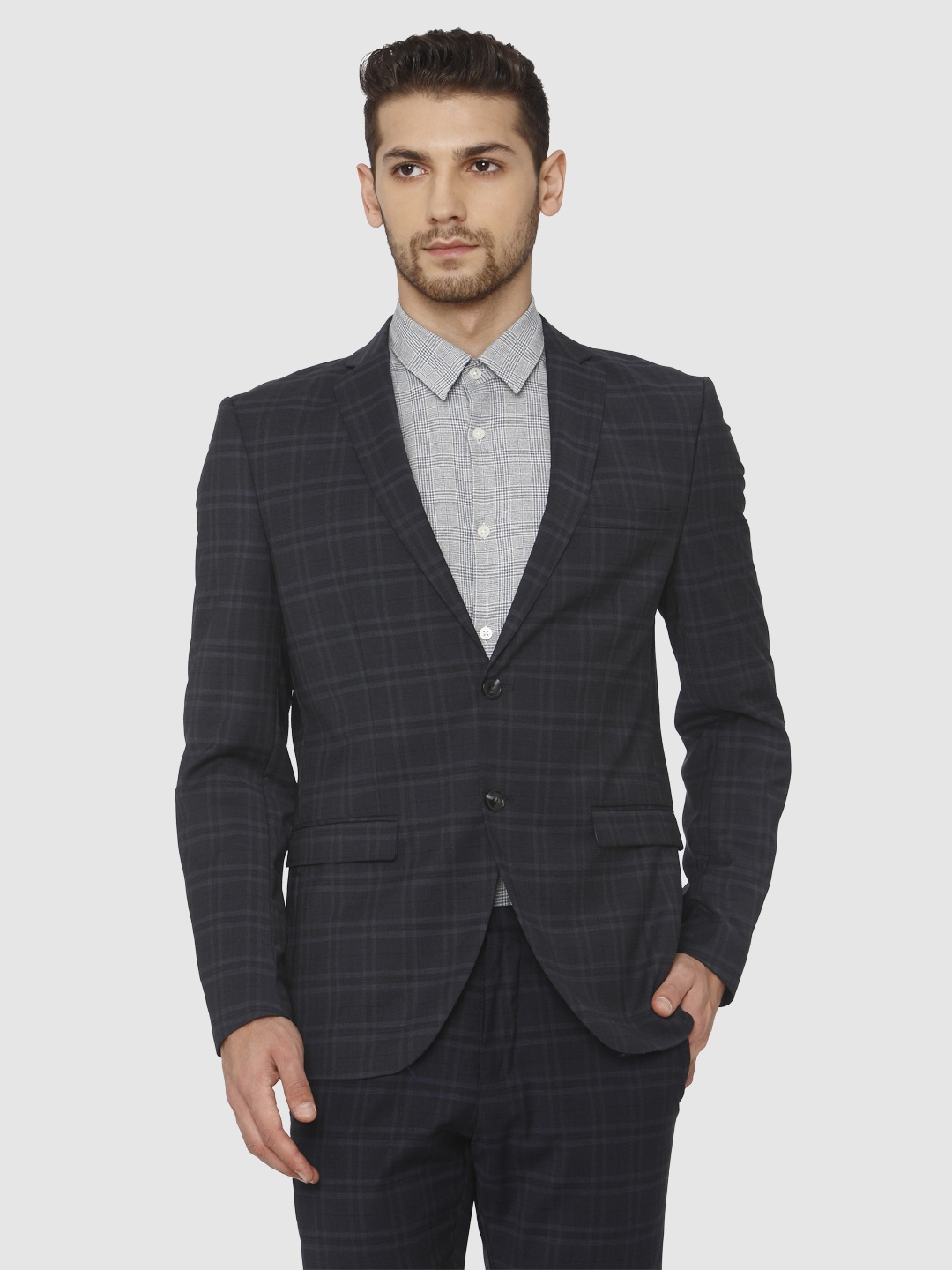 

SELECTED Men Grey & Navy Blue Checked Slim Fit Single Breasted Casual Blazer