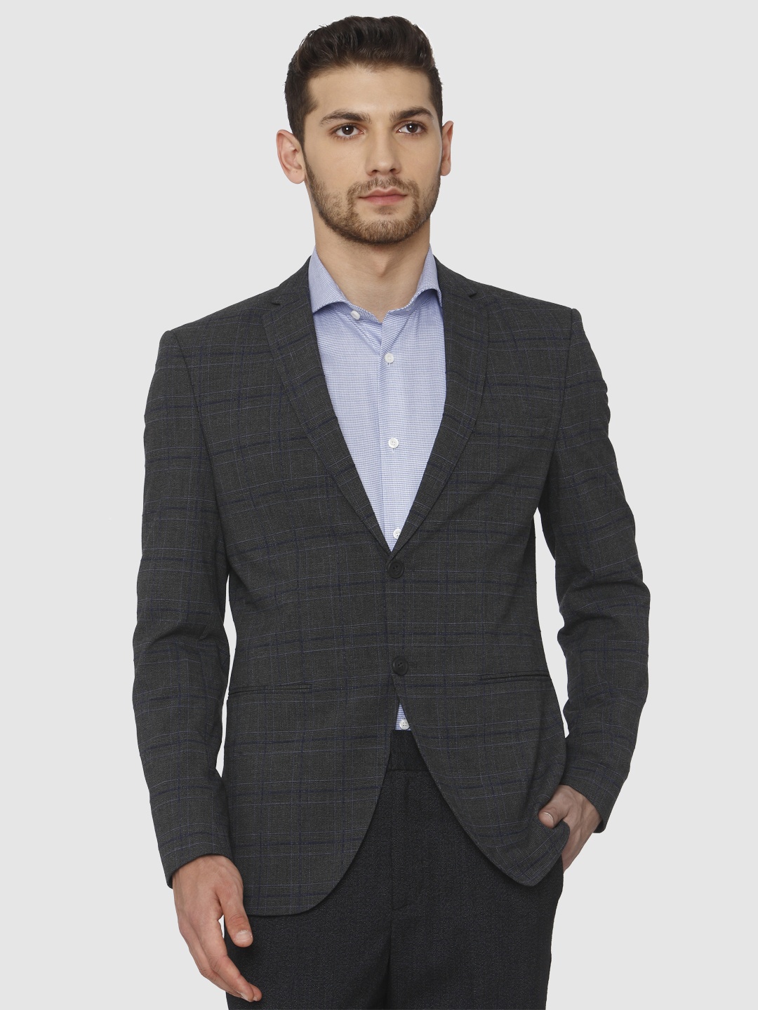 

SELECTED Charcoal Grey & Blue Checked Slim Fit Single-Breasted Smart Casual Blazer