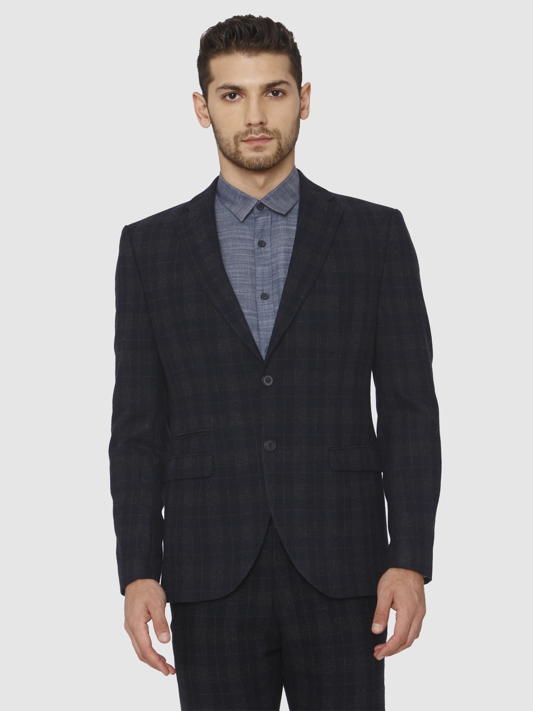 

SELECTED Navy Blue & Charcoal Grey Checked Slim Fit Single-Breasted Smart Casual Blazer