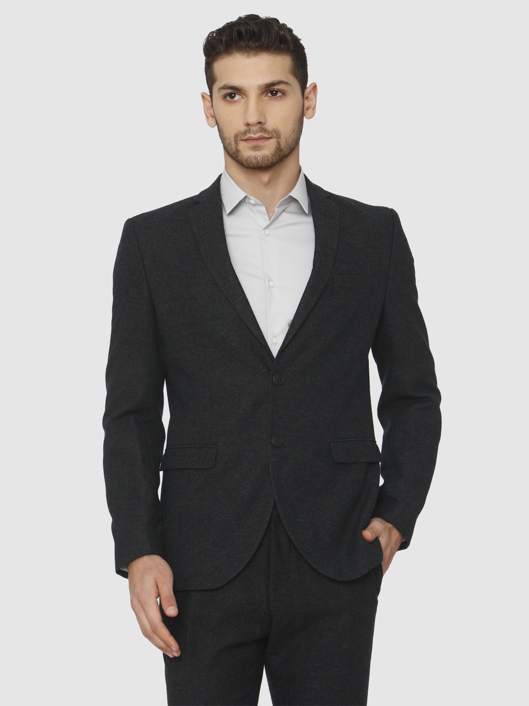 

SELECTED Charcoal Grey Solid Slim Fit Single-Breasted Formal Blazer