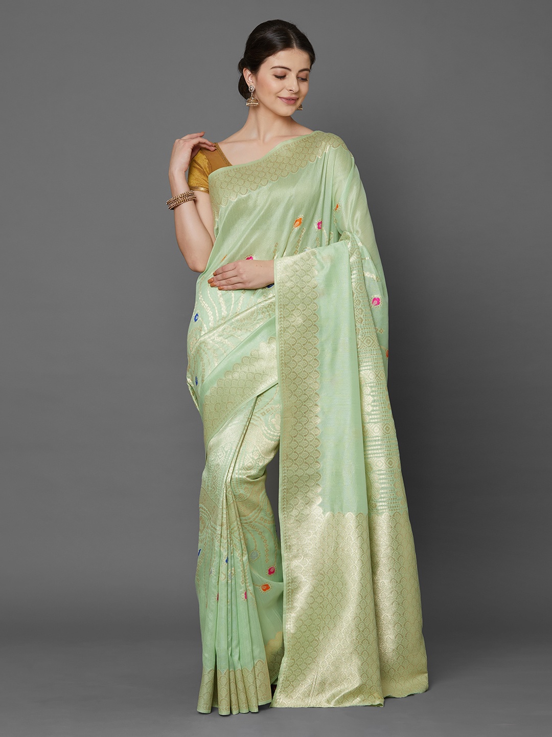 

Mitera Green Silk Blend Woven Design Banarasi Saree