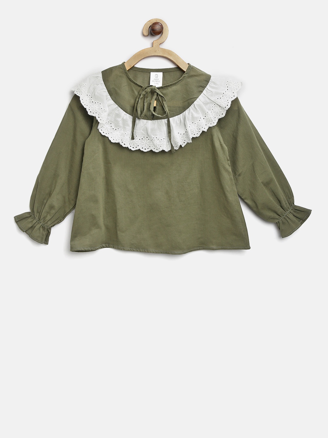 

AWW HUNNIE Girls Olive Green Schiffli Embroidered Detail Top
