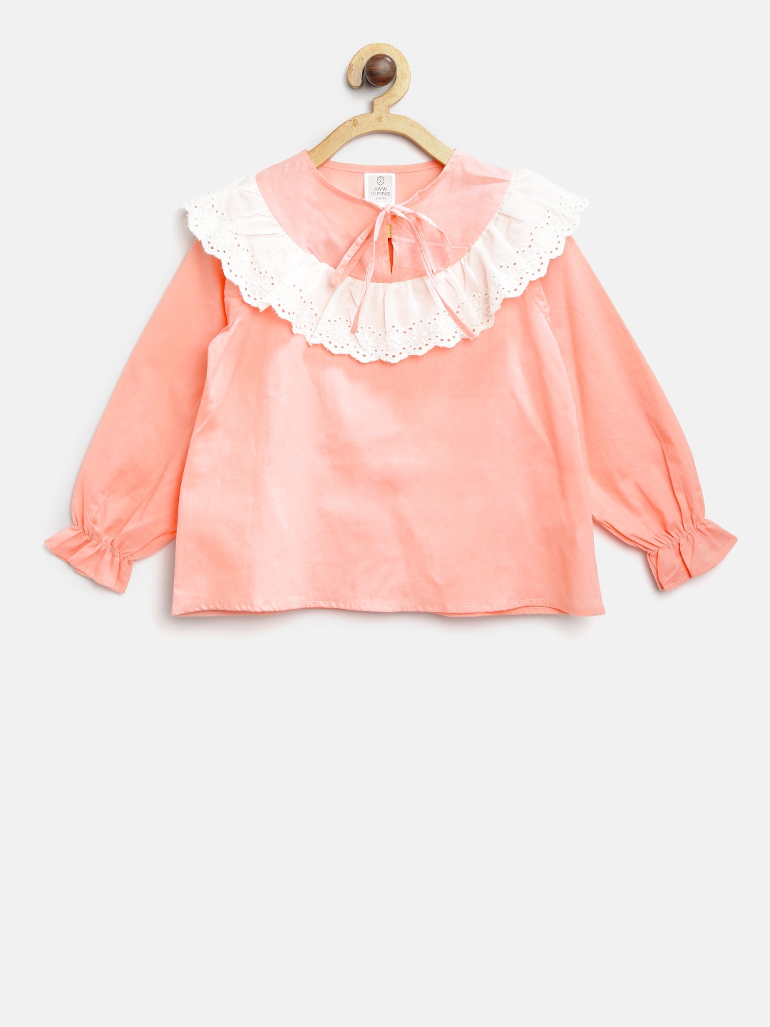 

AWW HUNNIE Girls Peach-Coloured Schiffli Embroidered Detail Top