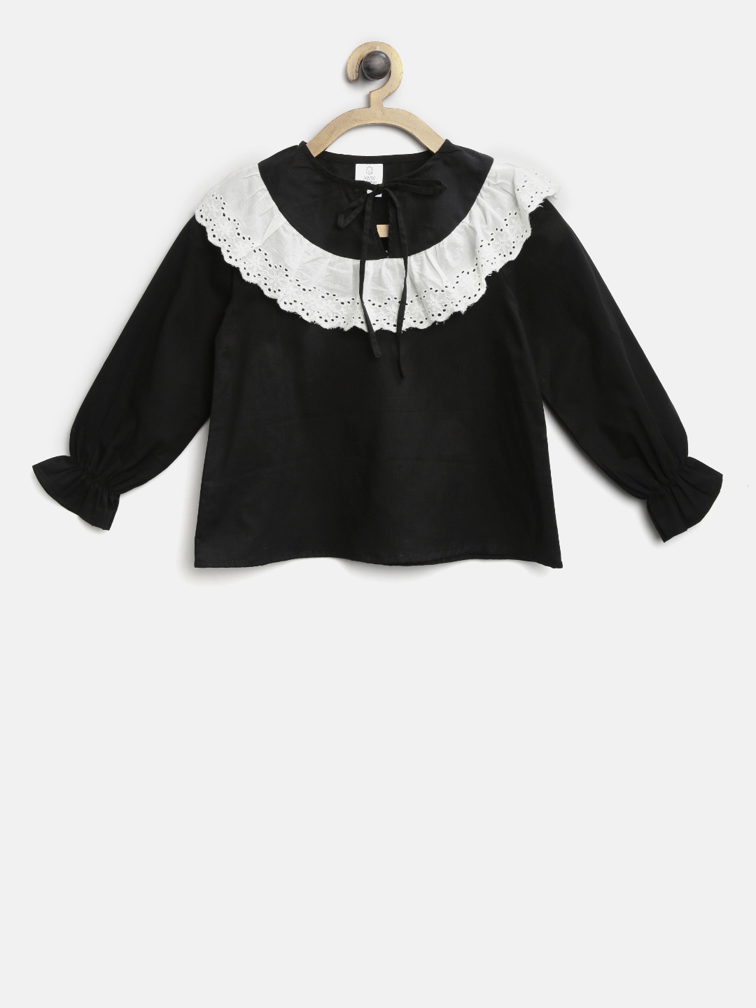 

AWW HUNNIE Girls Black Schiffli Embroidered Detail Pure Cotton Top