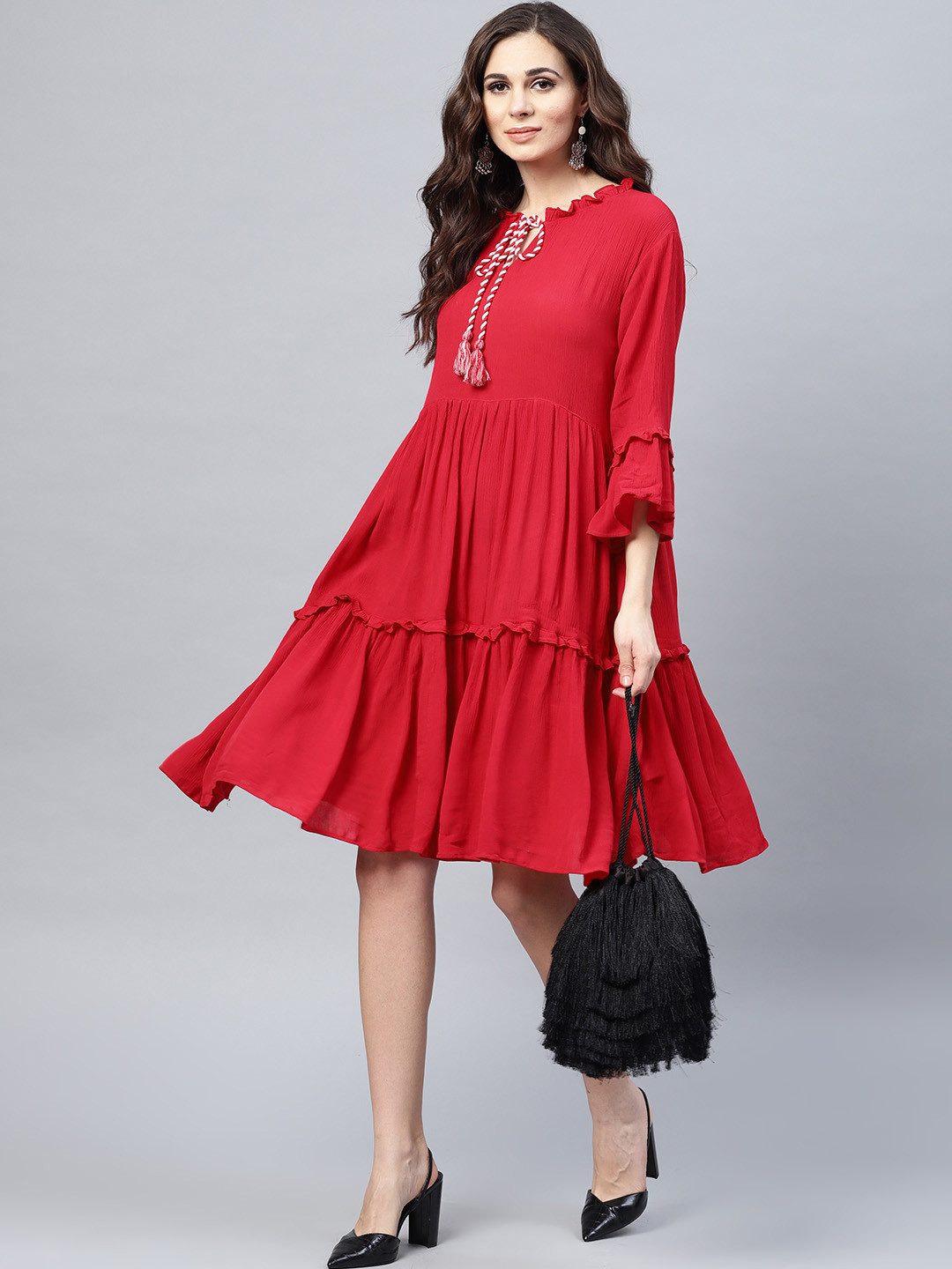 

Bhama Couture Women Red Solid Tiered A-Line Dress